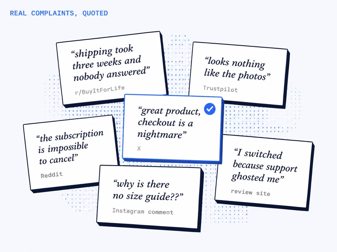 Quoted customer complaints, each carrying its source: Reddit, Trustpilot, X, an Instagram comment.